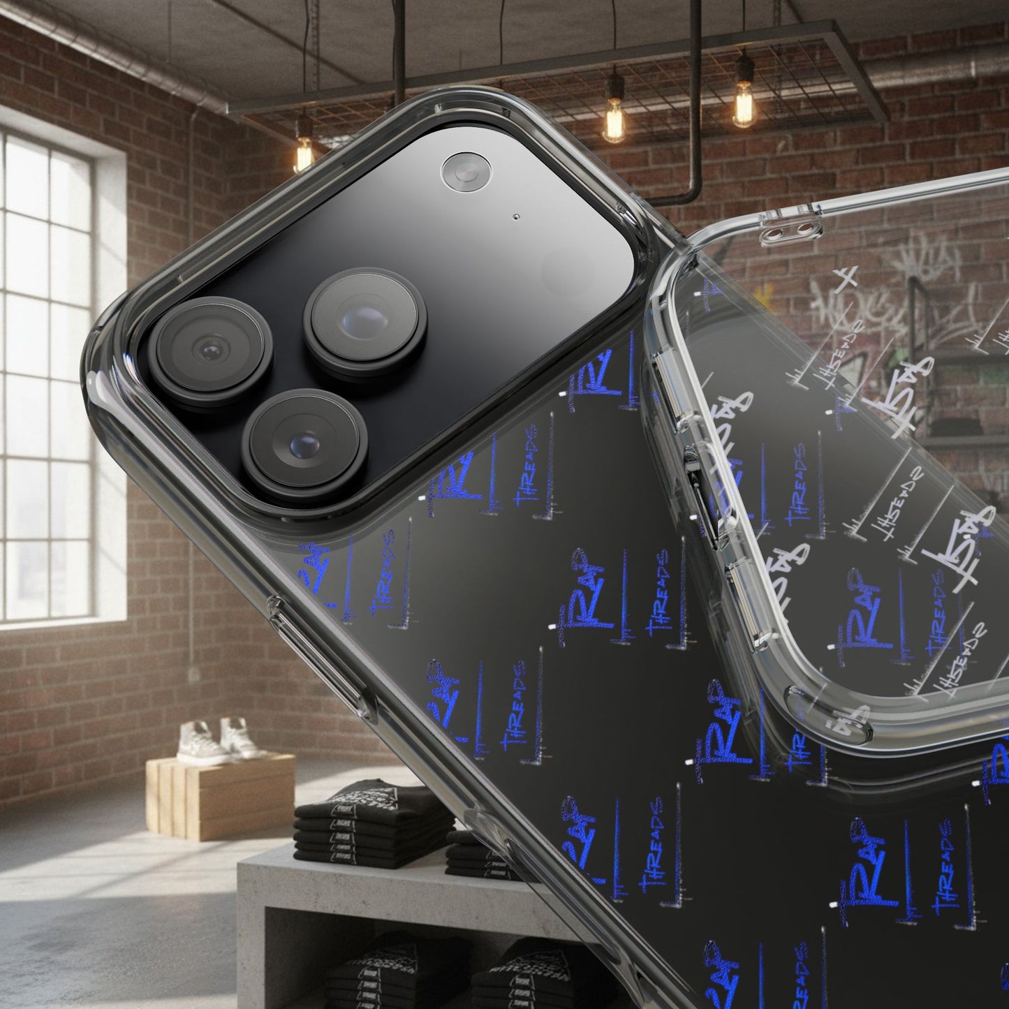 Clear Impact-Resistant Phone Case — Blue Geometric Shield Pattern