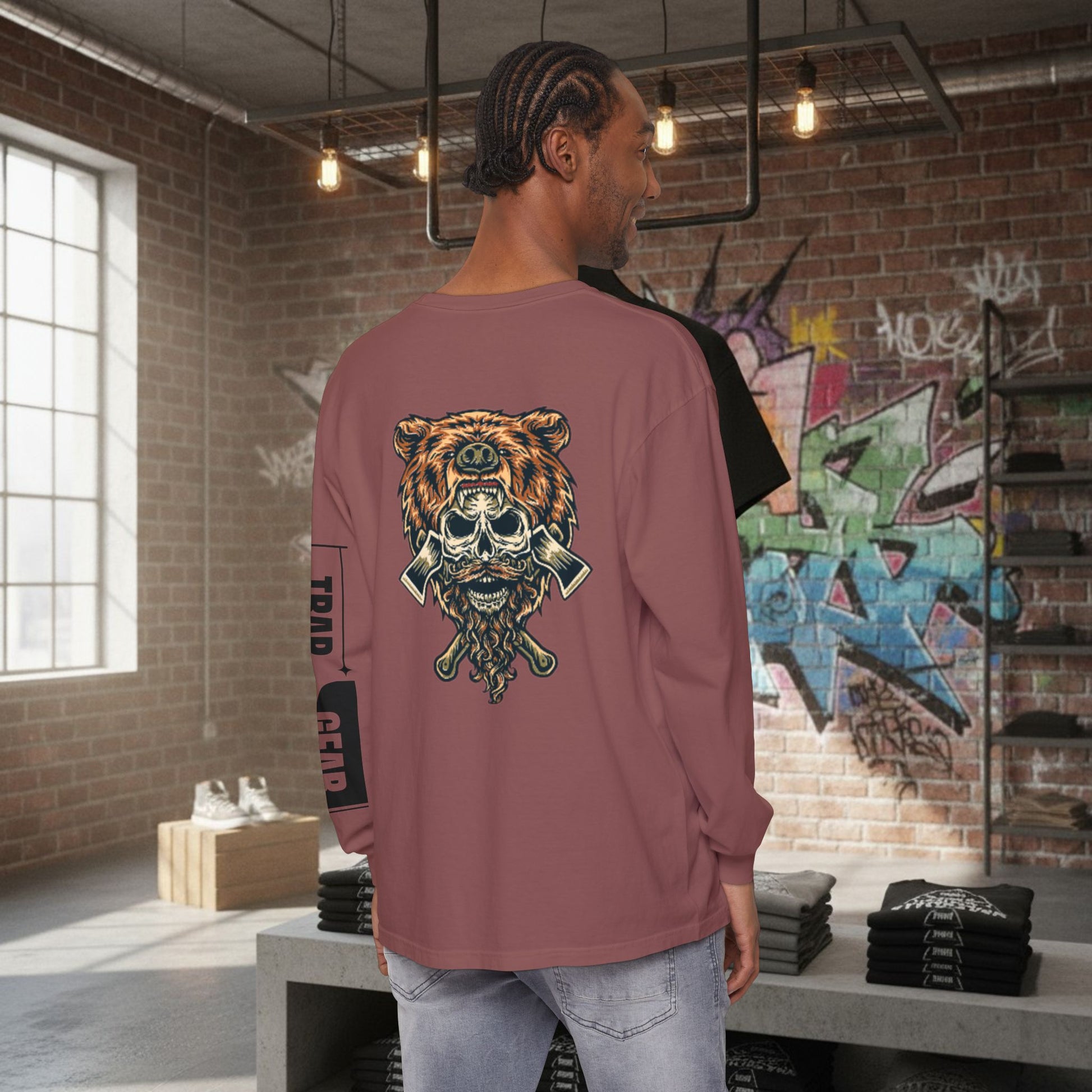Long Sleeve T-Shirt - Born to Build Bear Mentality Back Graphic by Printify