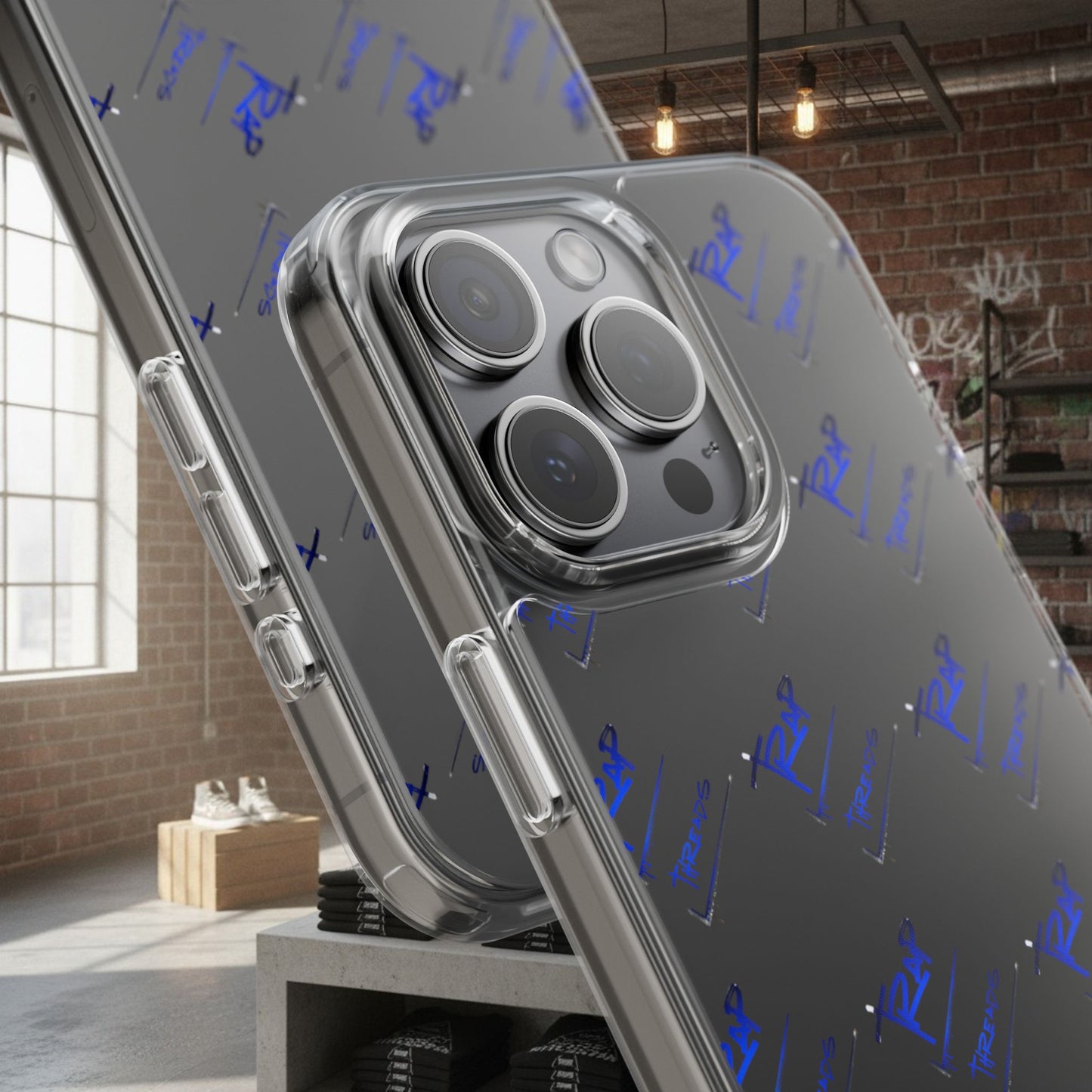 Clear Impact-Resistant Phone Case — Blue Geometric Shield Pattern