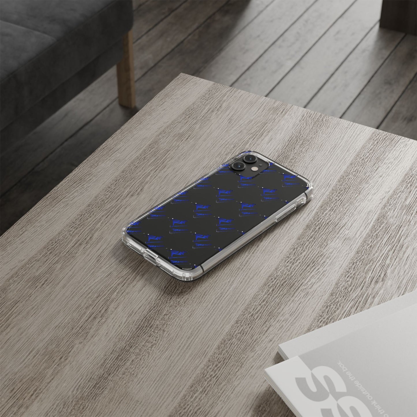 Clear Impact-Resistant Phone Case — Blue Geometric Shield Pattern