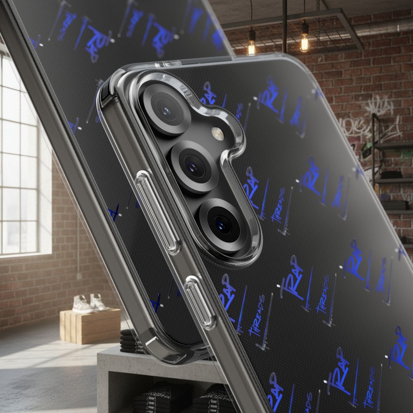 Clear Impact-Resistant Phone Case — Blue Geometric Shield Pattern