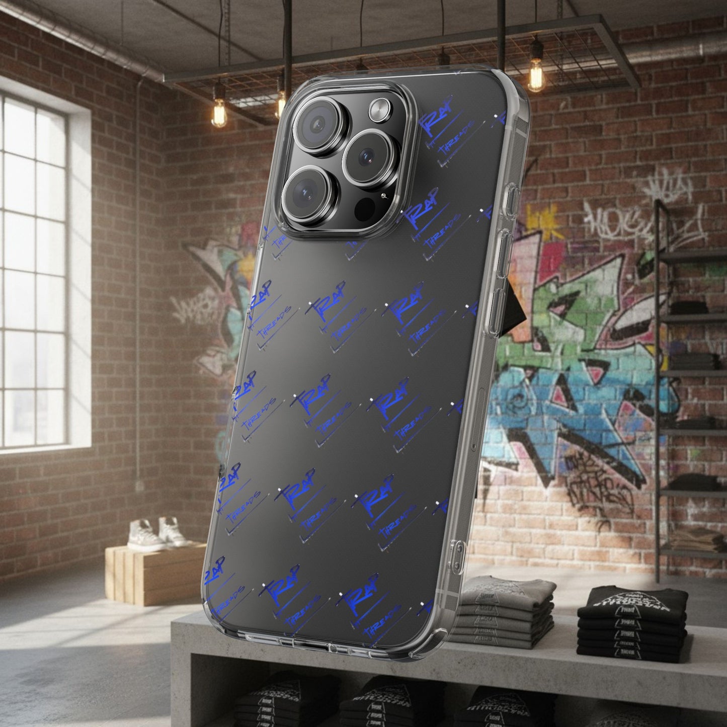 Clear Impact-Resistant Phone Case — Blue Geometric Shield Pattern