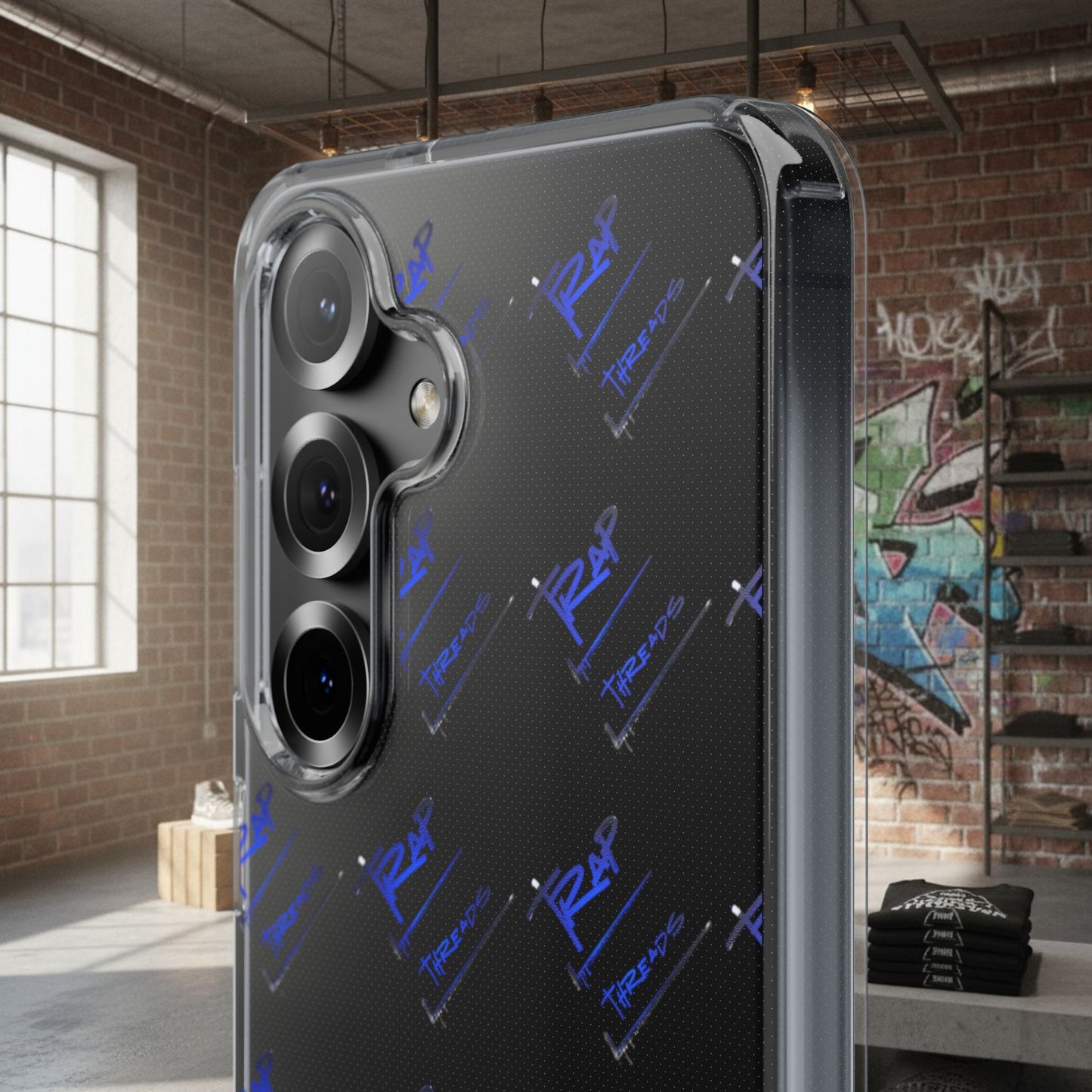 Clear Impact-Resistant Phone Case — Blue Geometric Shield Pattern