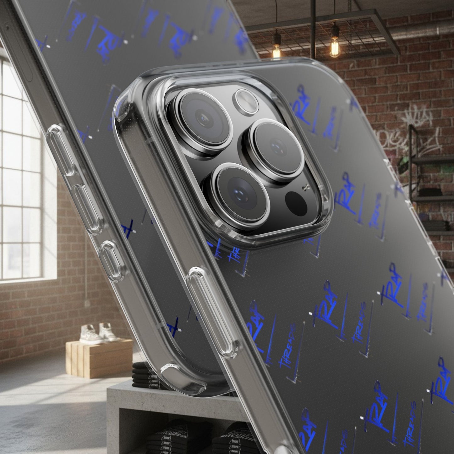 Clear Impact-Resistant Phone Case — Blue Geometric Shield Pattern