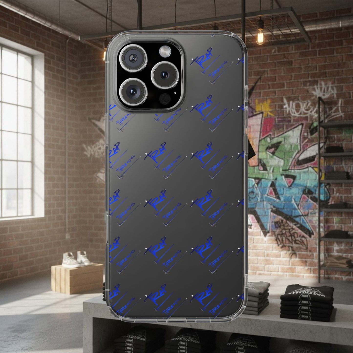 Clear Impact-Resistant Phone Case — Blue Geometric Shield Pattern