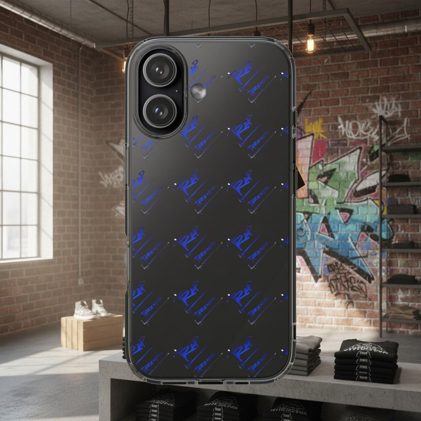 Clear Impact-Resistant Phone Case — Blue Geometric Shield Pattern