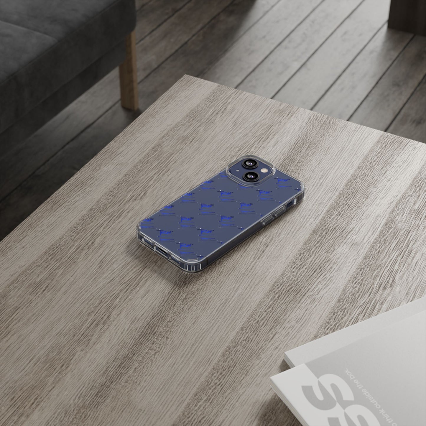 Clear Impact-Resistant Phone Case — Blue Geometric Shield Pattern