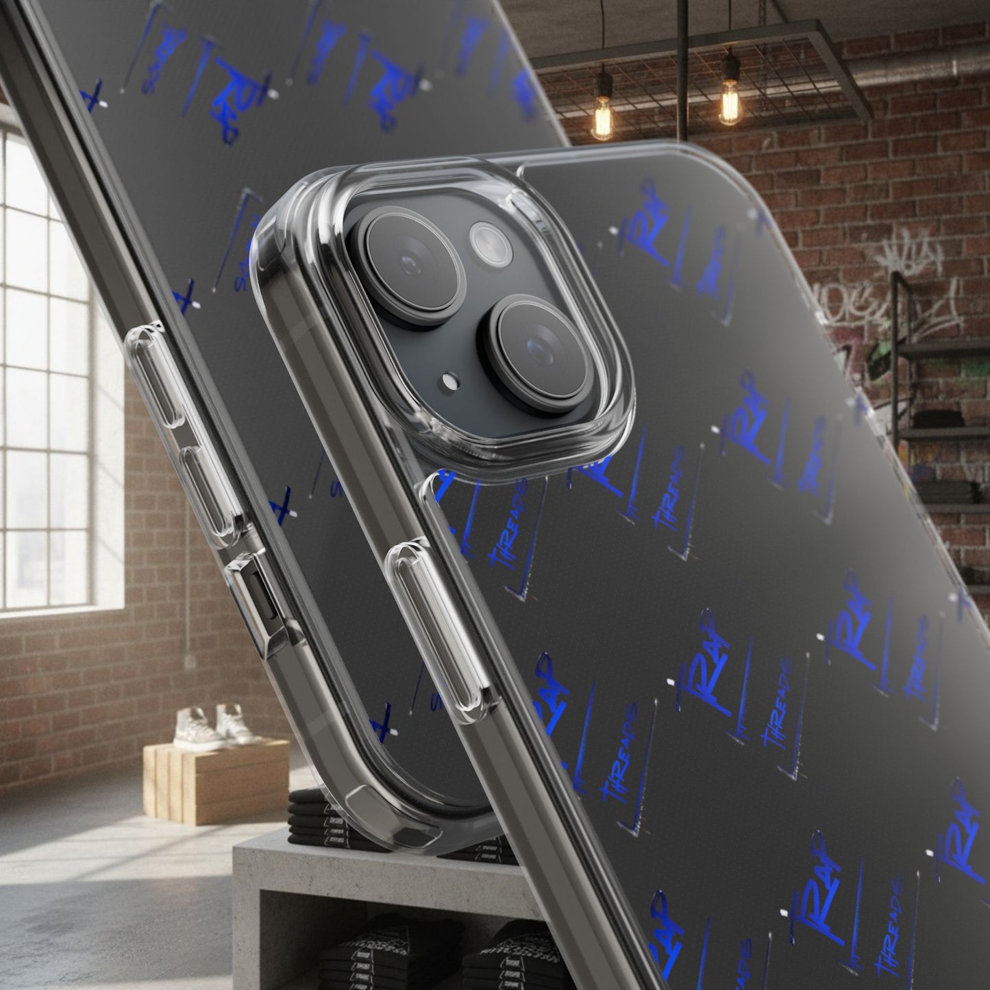 Clear Impact-Resistant Phone Case — Blue Geometric Shield Pattern