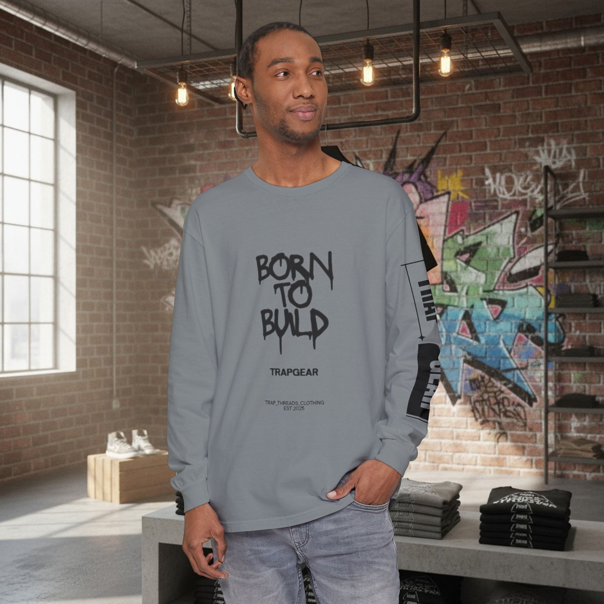 Long Sleeve T-Shirt - Born to Build Bear Mentality Back Graphic by Printify