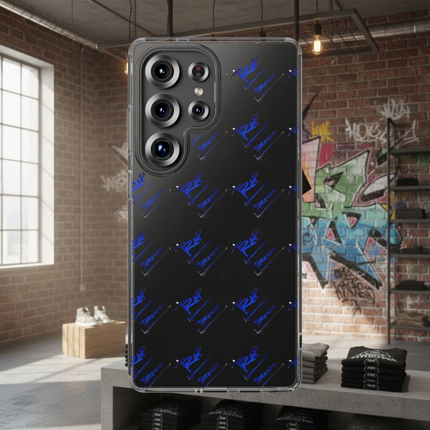 Clear Impact-Resistant Phone Case — Blue Geometric Shield Pattern