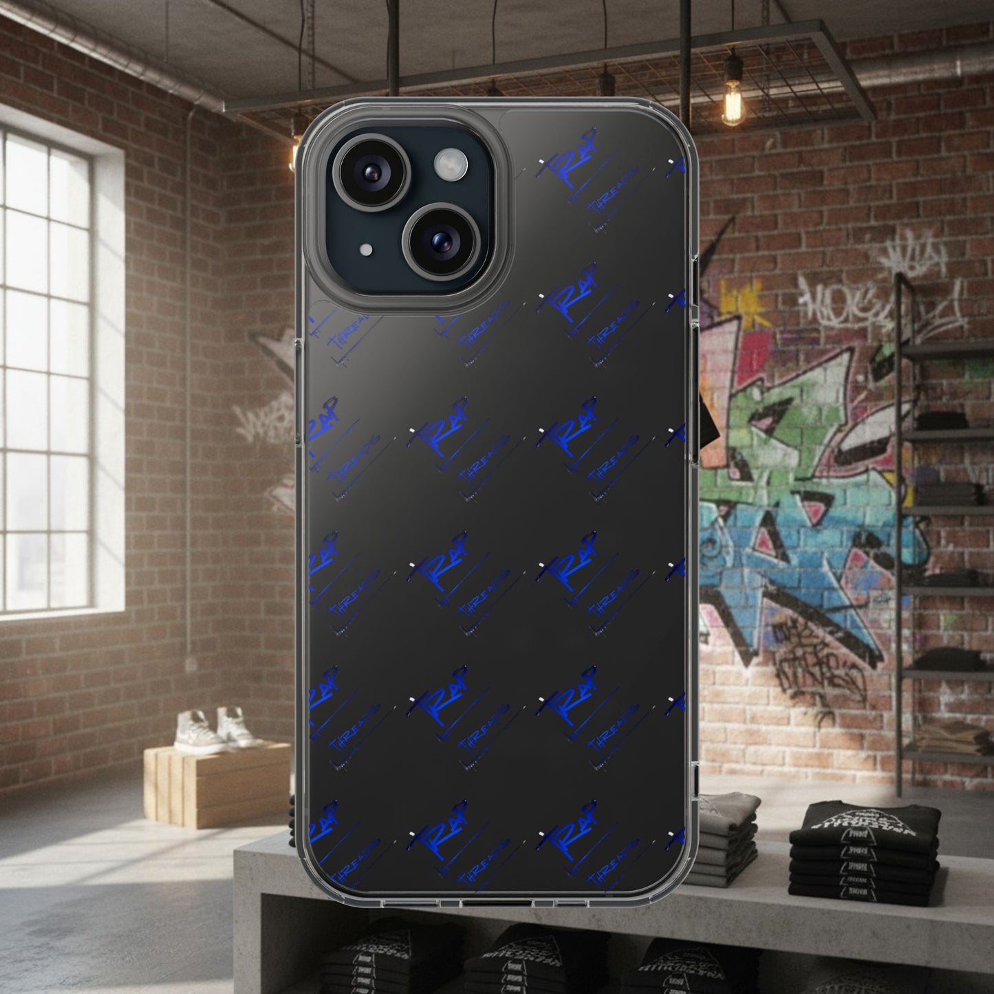 Clear Impact-Resistant Phone Case — Blue Geometric Shield Pattern