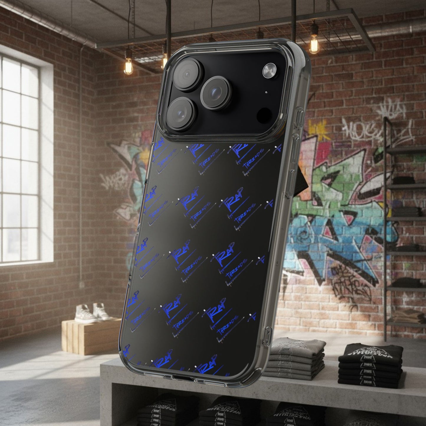 Clear Impact-Resistant Phone Case — Blue Geometric Shield Pattern