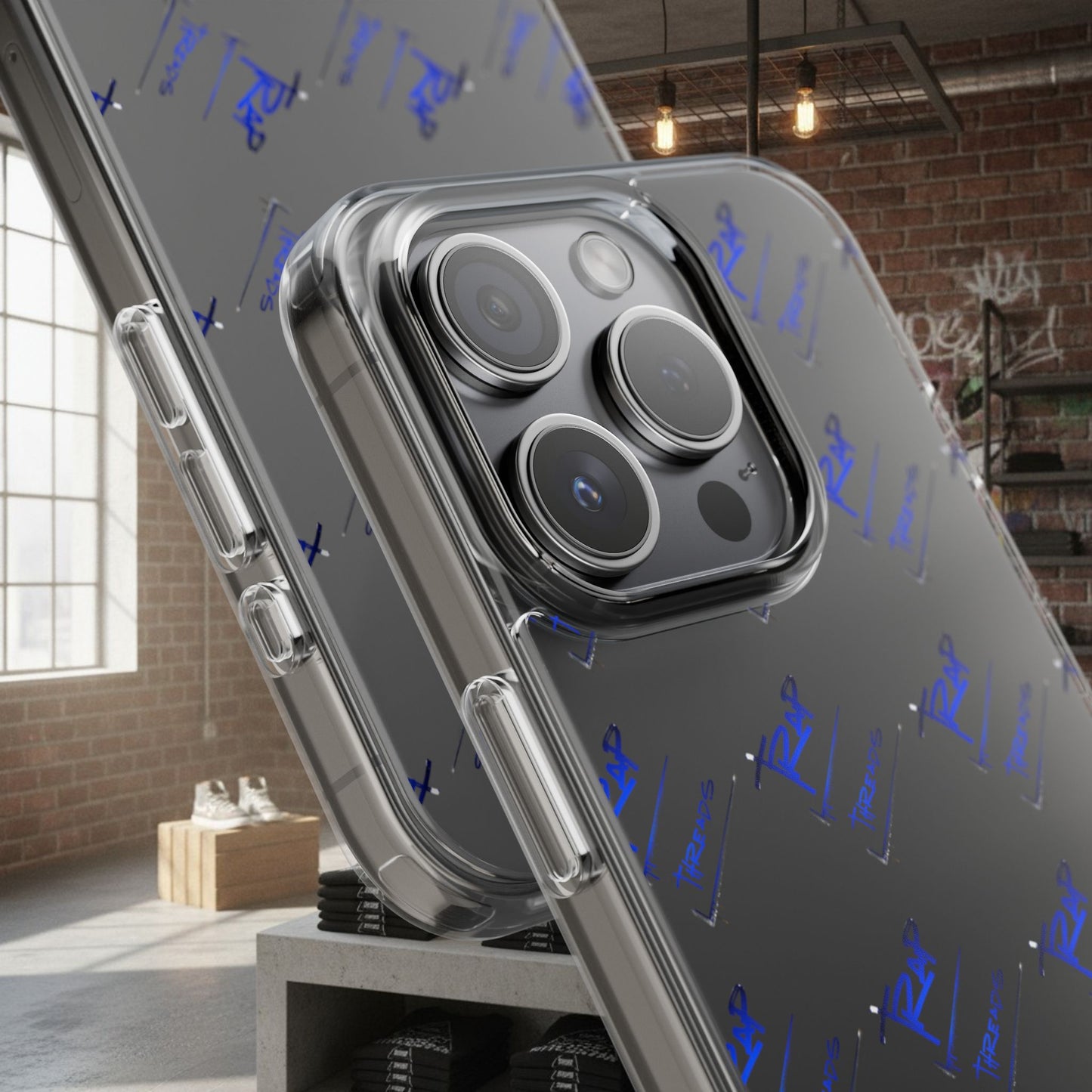 Clear Impact-Resistant Phone Case — Blue Geometric Shield Pattern
