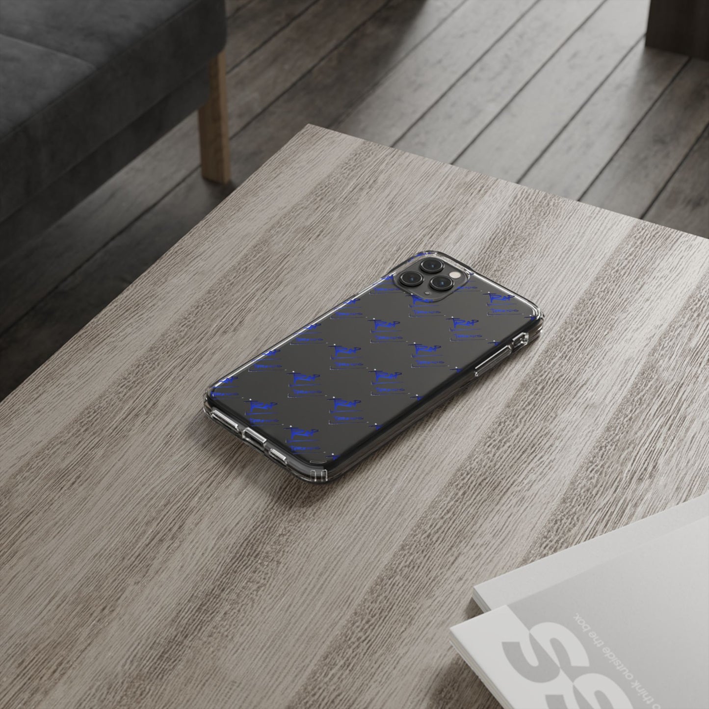 Clear Impact-Resistant Phone Case — Blue Geometric Shield Pattern