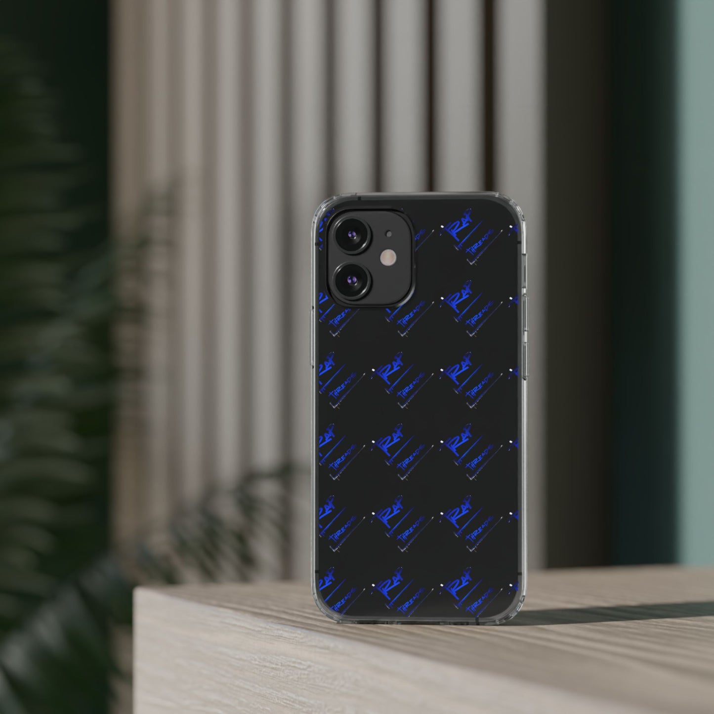 Clear Impact-Resistant Phone Case — Blue Geometric Shield Pattern