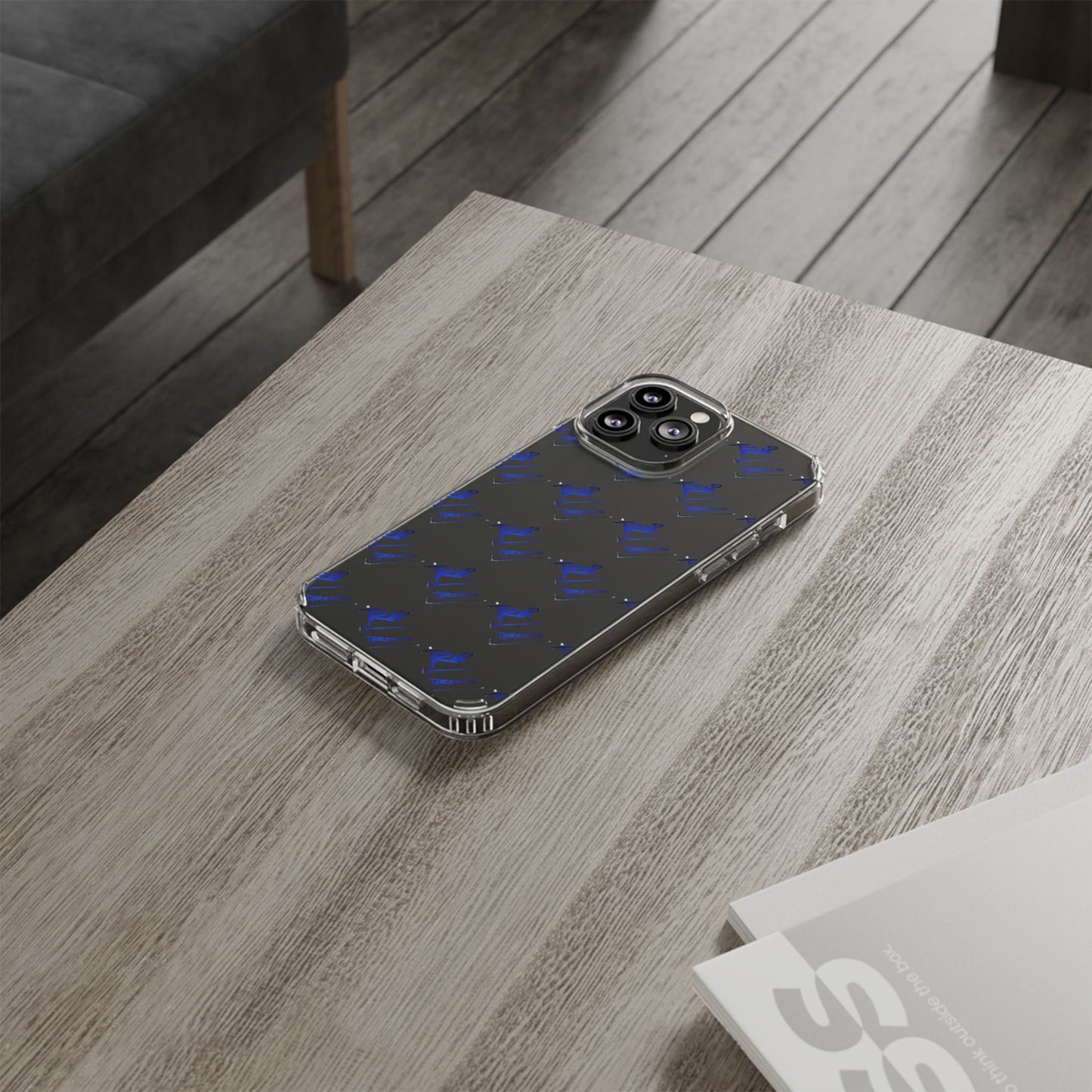 Clear Impact-Resistant Phone Case — Blue Geometric Shield Pattern