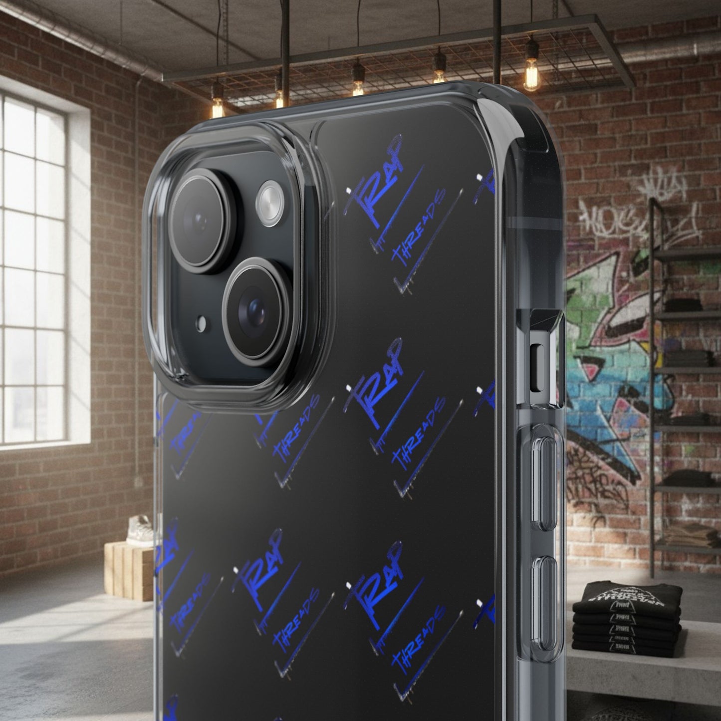 Clear Impact-Resistant Phone Case — Blue Geometric Shield Pattern