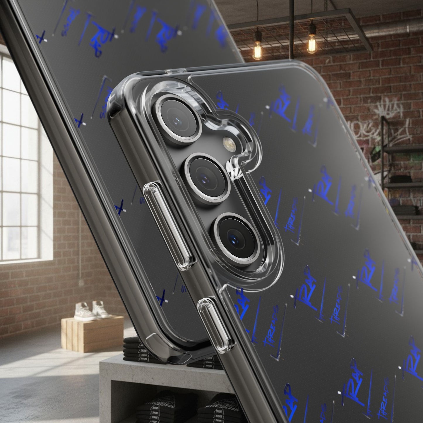 Clear Impact-Resistant Phone Case — Blue Geometric Shield Pattern