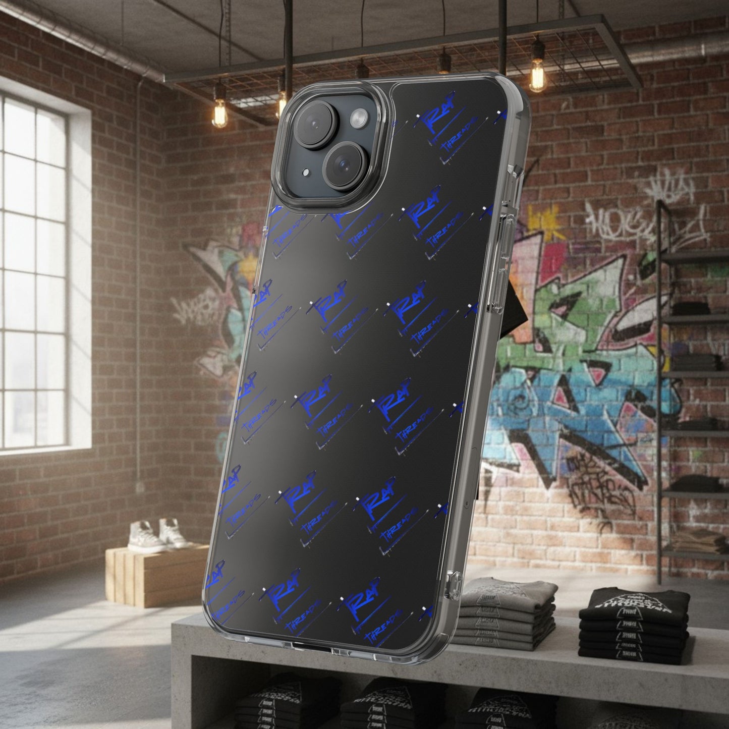 Clear Impact-Resistant Phone Case — Blue Geometric Shield Pattern