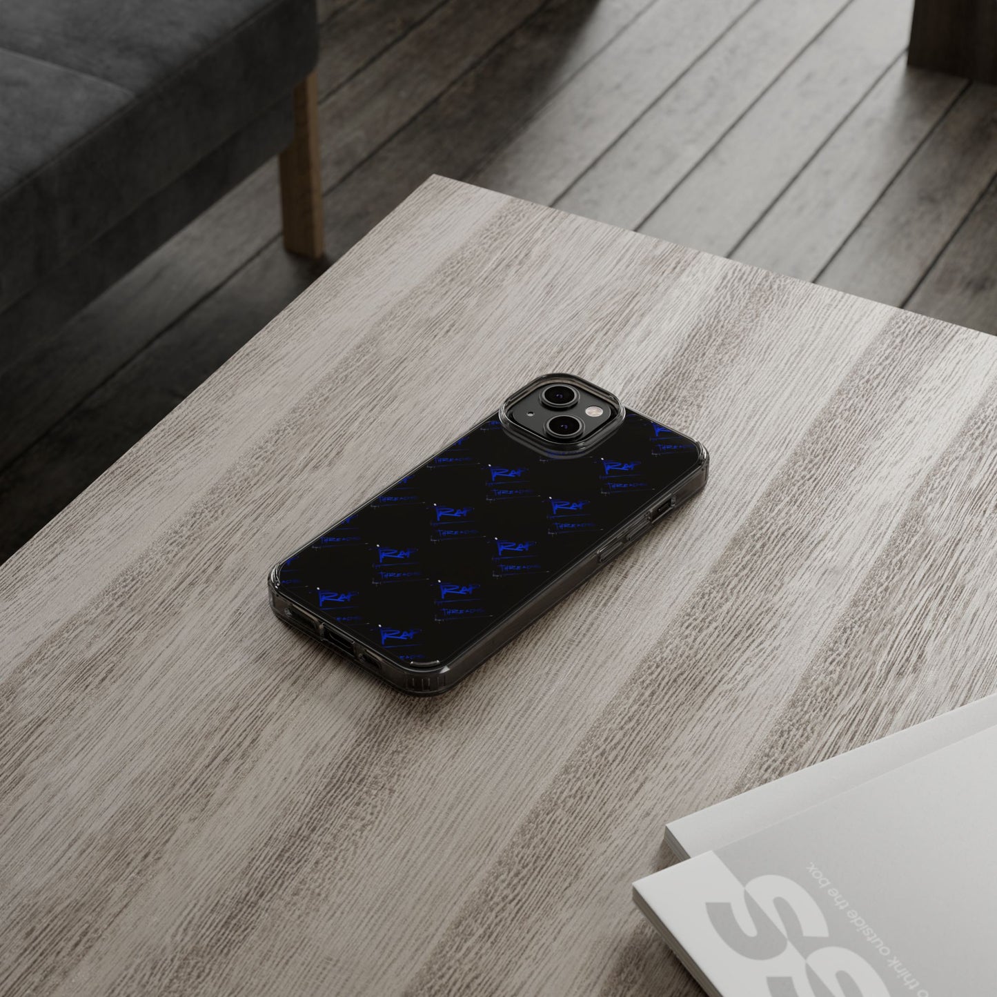 Clear Impact-Resistant Phone Case — Blue Geometric Shield Pattern