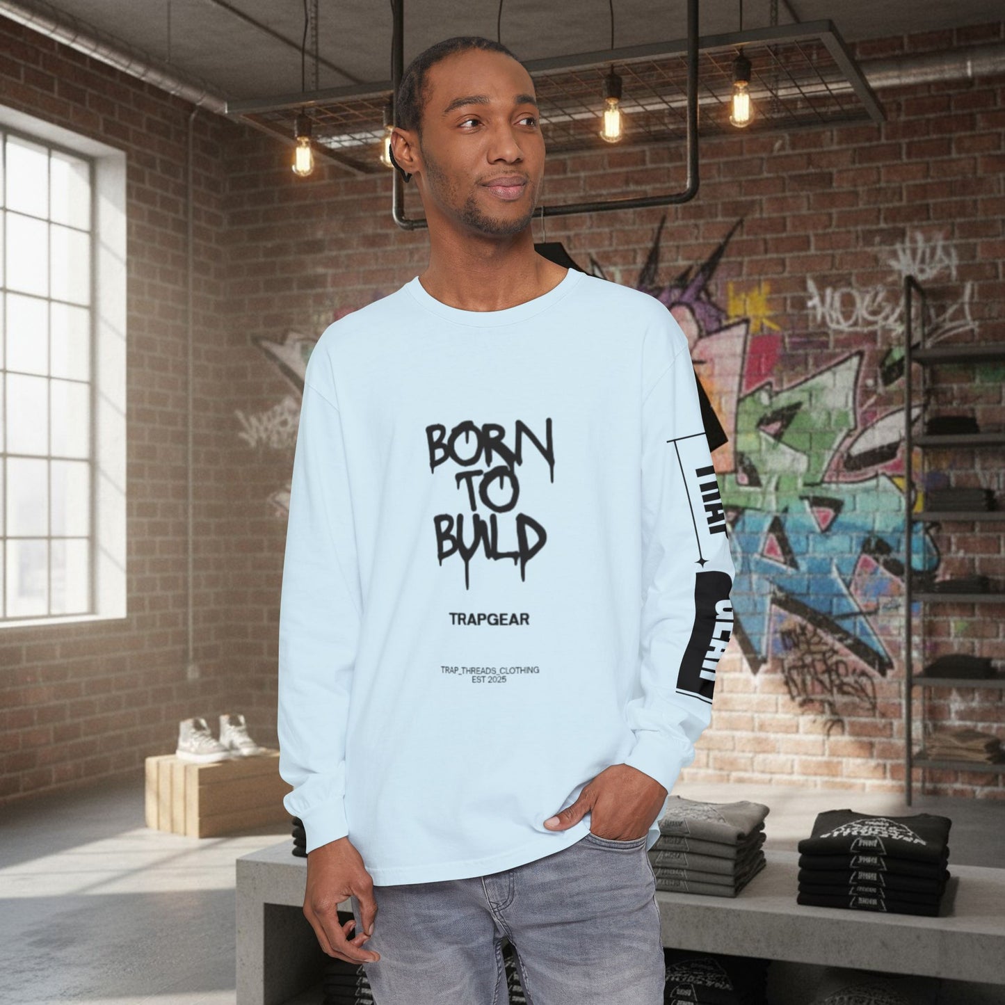 Long Sleeve T-Shirt - Born to Build Bear Mentality Back Graphic by Printify
