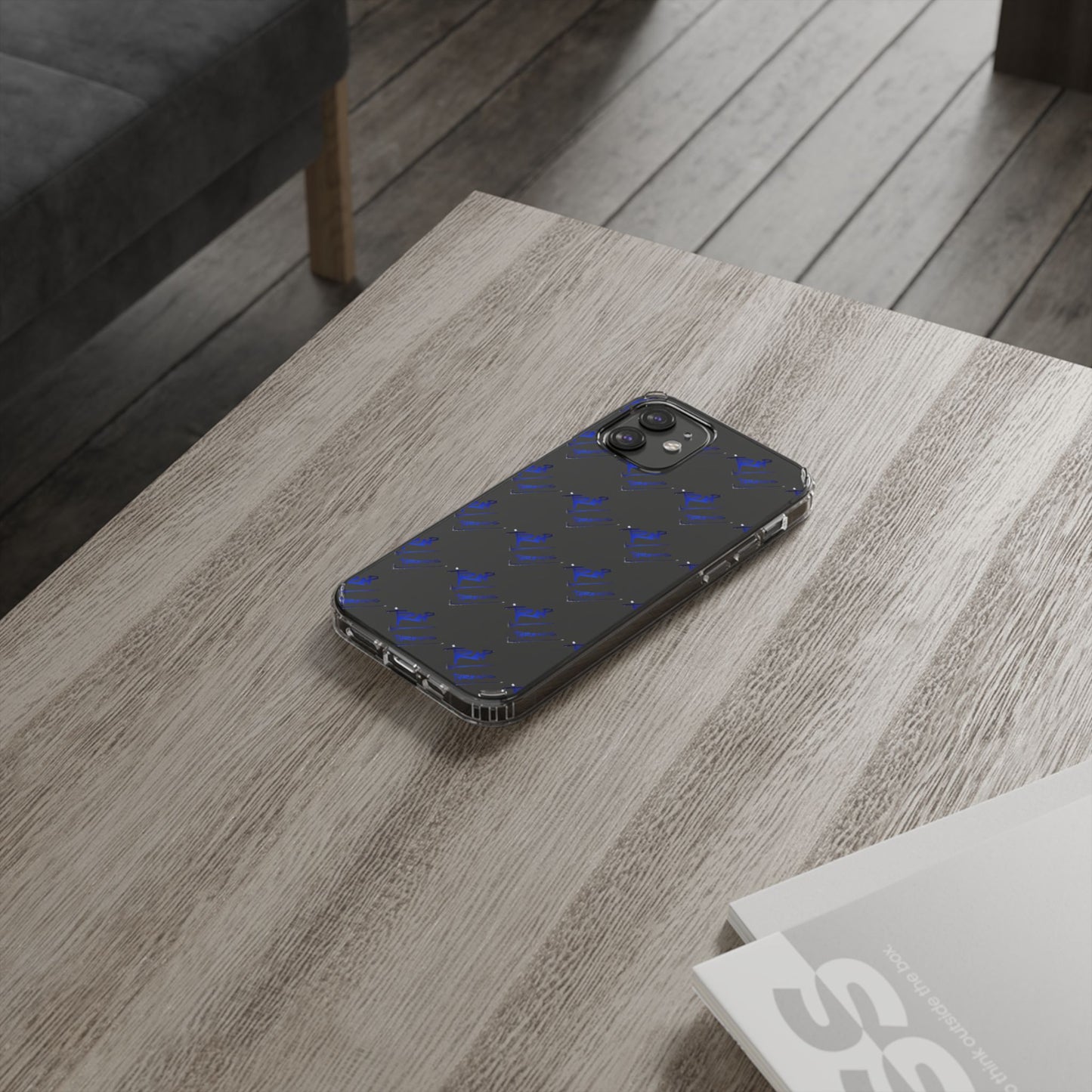 Clear Impact-Resistant Phone Case — Blue Geometric Shield Pattern