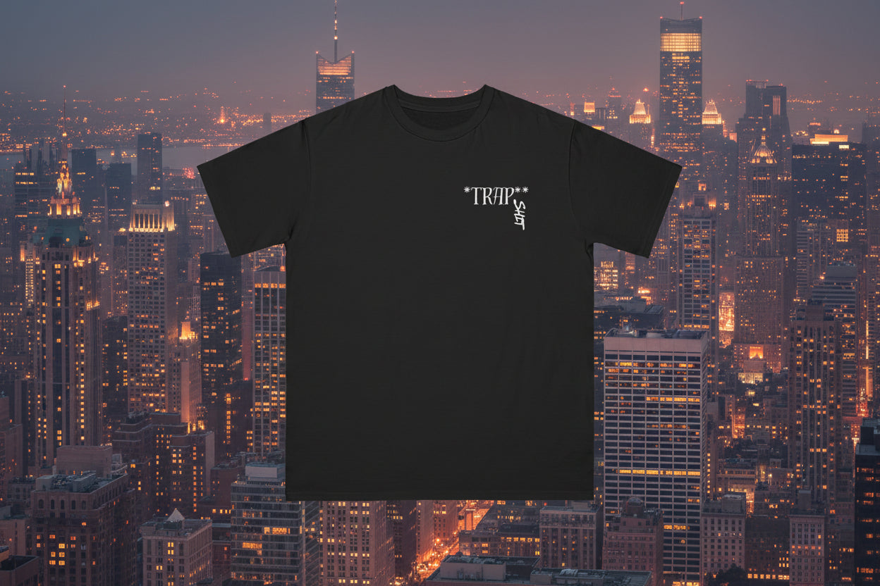 Black t-shirt with 'TRAP' text on a white background