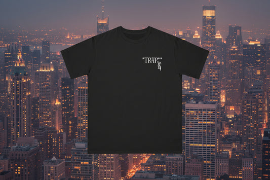 Black t-shirt with 'TRAP' text on a white background