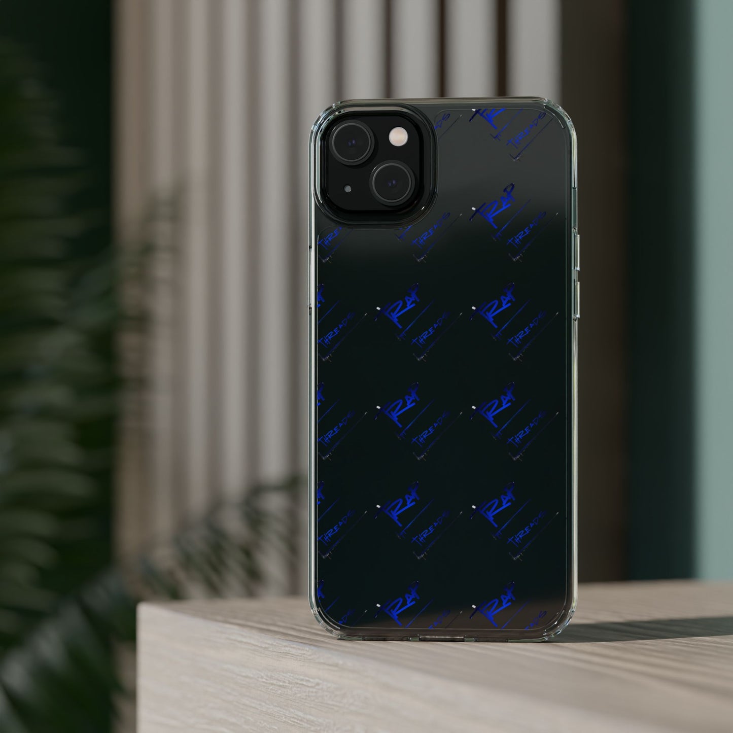 Clear Impact-Resistant Phone Case — Blue Geometric Shield Pattern