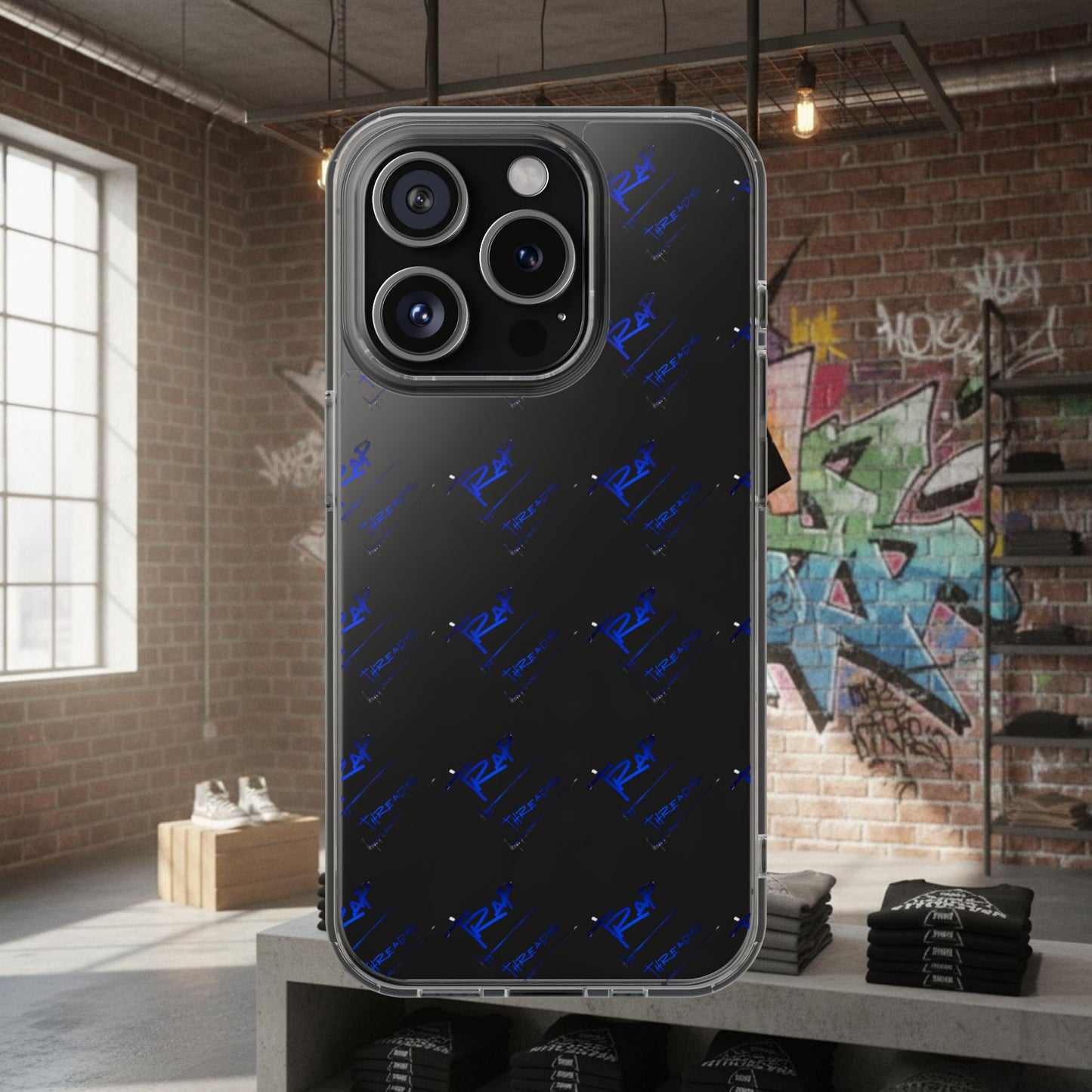 Clear Impact-Resistant Phone Case — Blue Geometric Shield Pattern