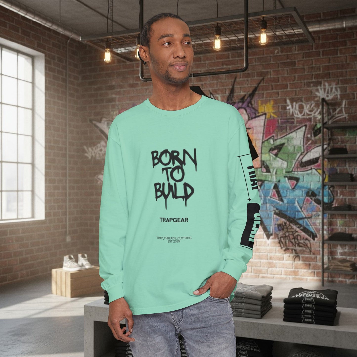 Long Sleeve T-Shirt - Born to Build Bear Mentality Back Graphic by Printify