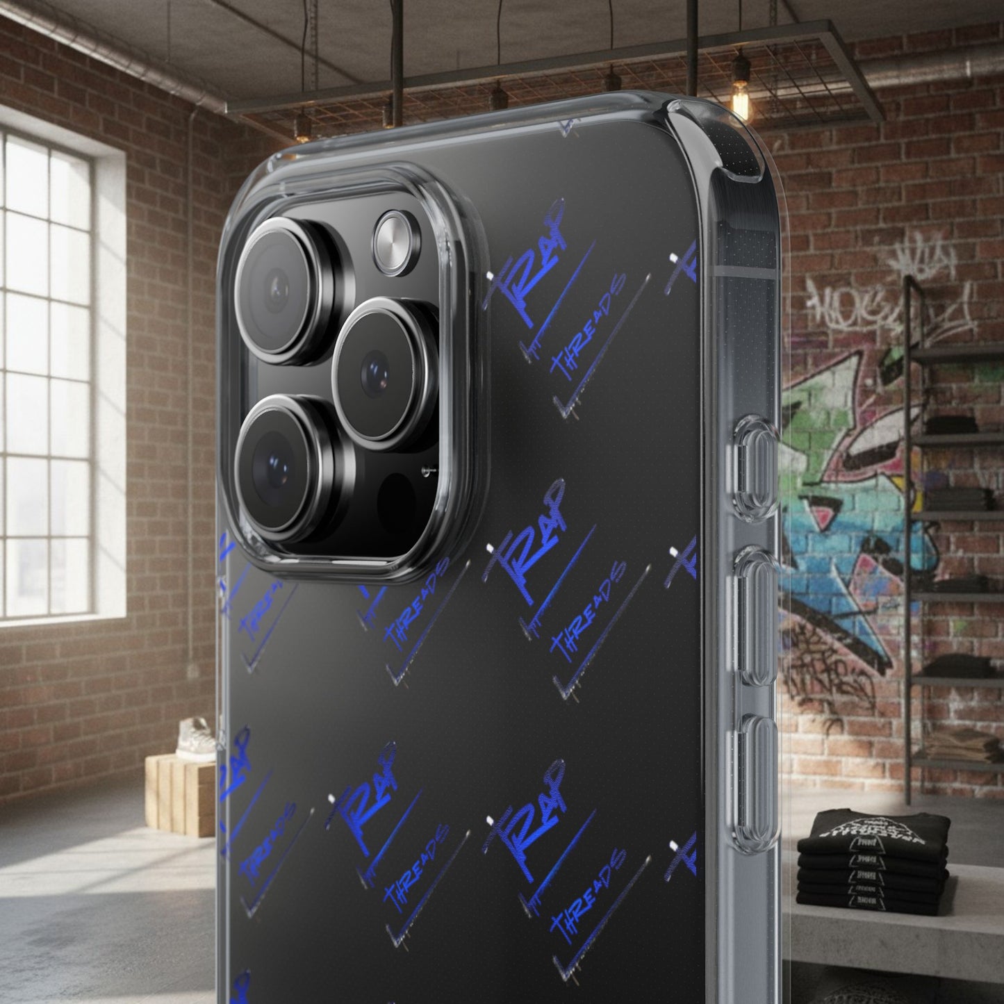 Clear Impact-Resistant Phone Case — Blue Geometric Shield Pattern