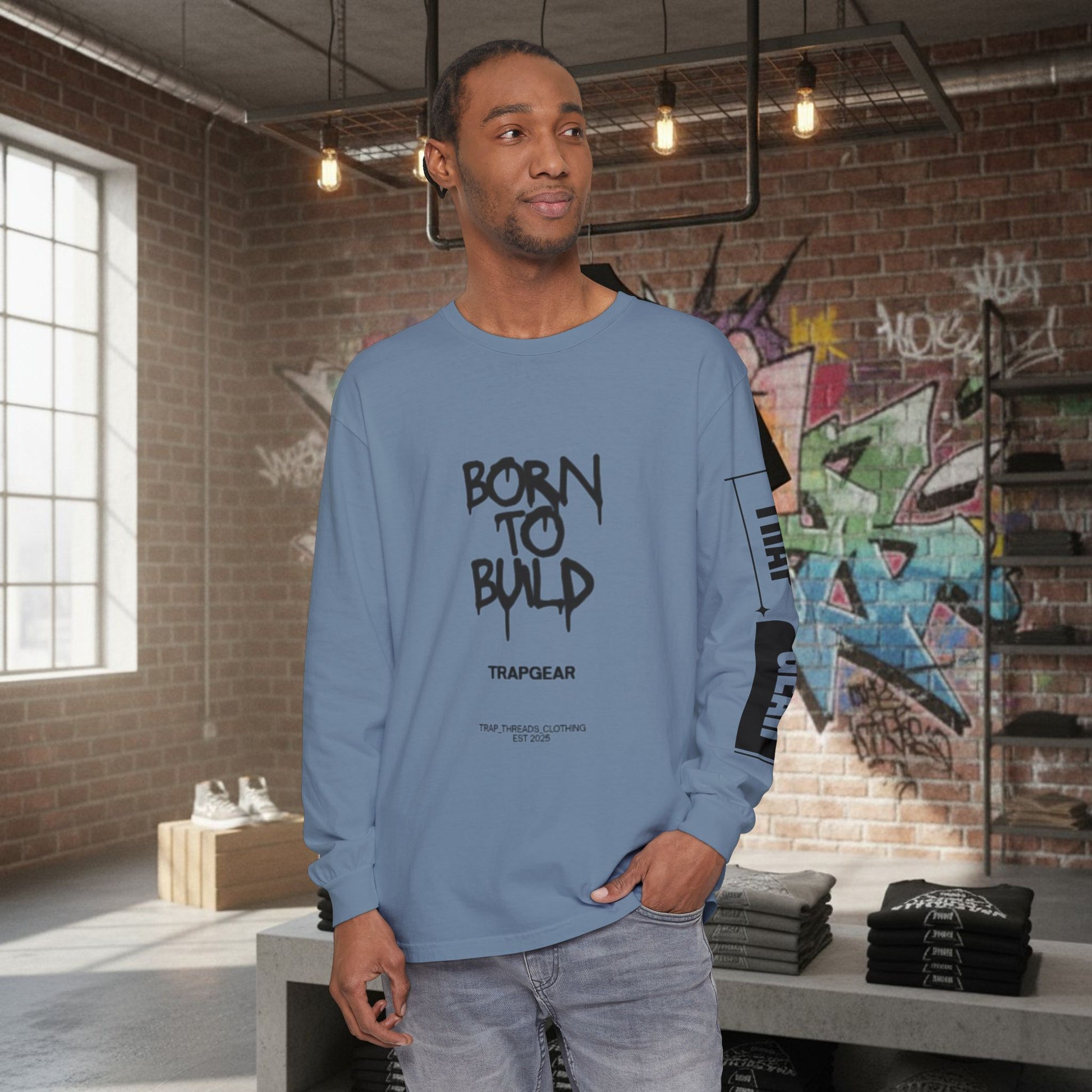 Long Sleeve T-Shirt - Born to Build Bear Mentality Back Graphic by Printify
