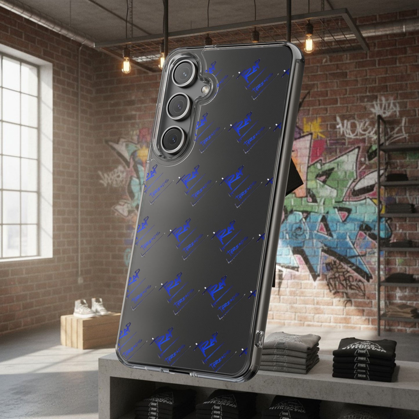 Clear Impact-Resistant Phone Case — Blue Geometric Shield Pattern