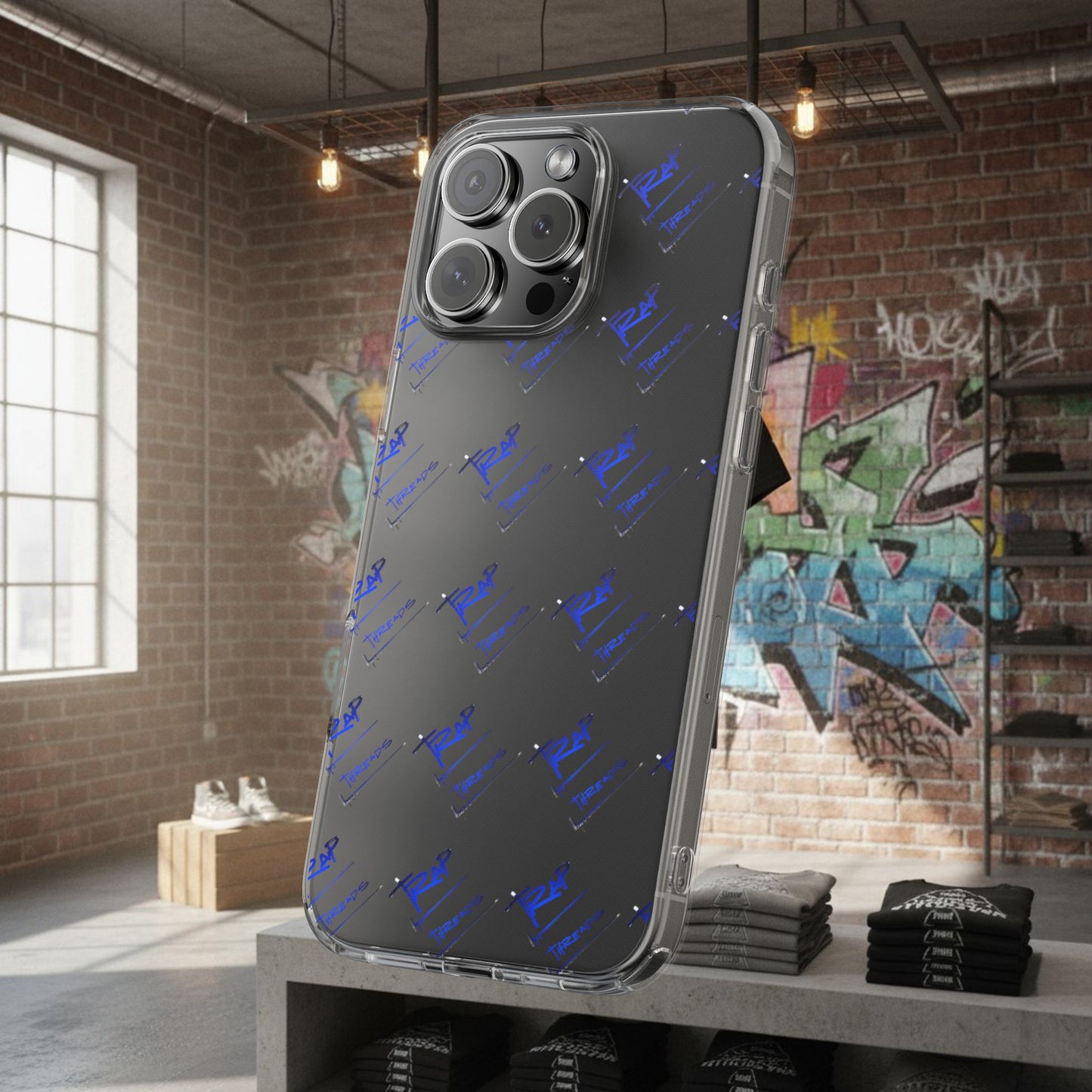 Clear Impact-Resistant Phone Case — Blue Geometric Shield Pattern