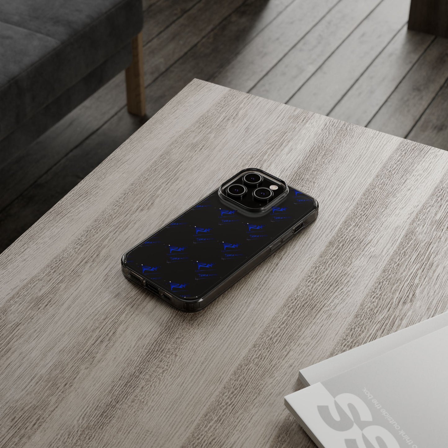 Clear Impact-Resistant Phone Case — Blue Geometric Shield Pattern
