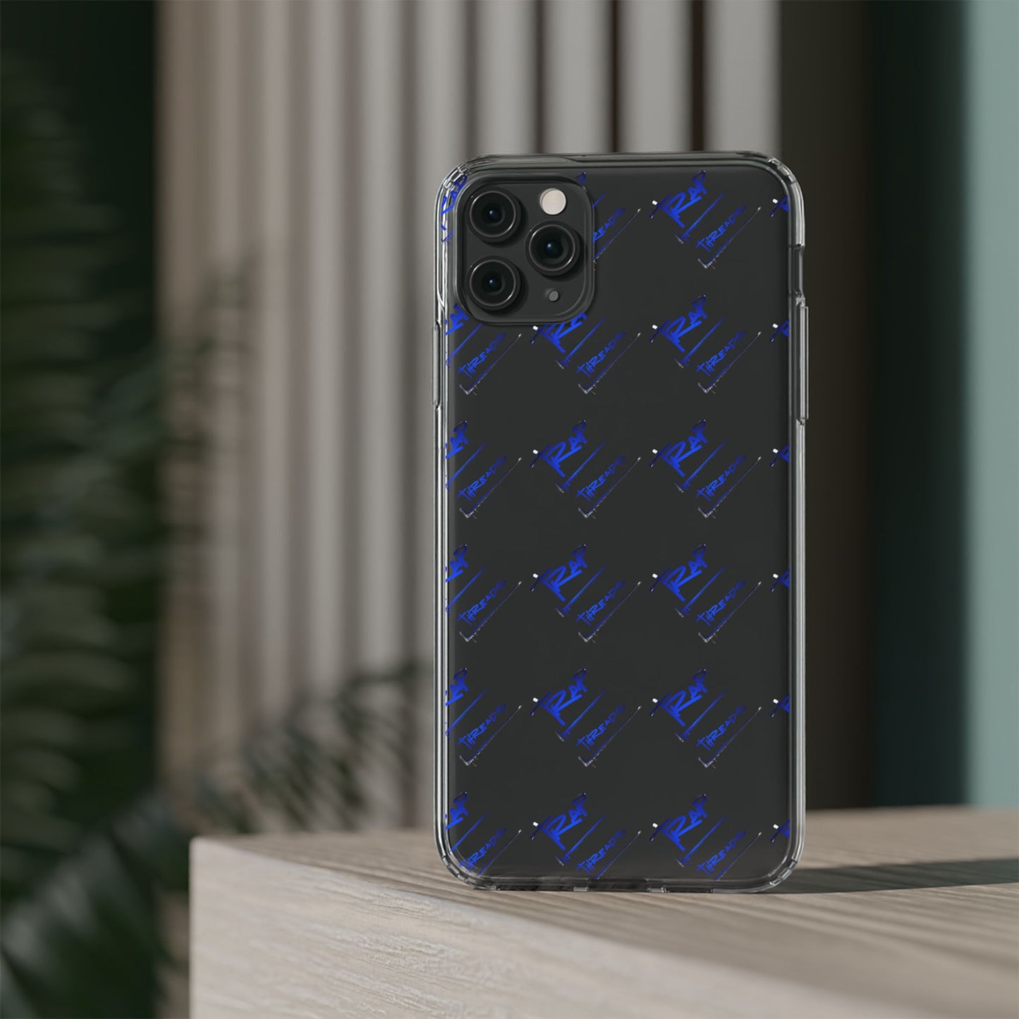 Clear Impact-Resistant Phone Case — Blue Geometric Shield Pattern
