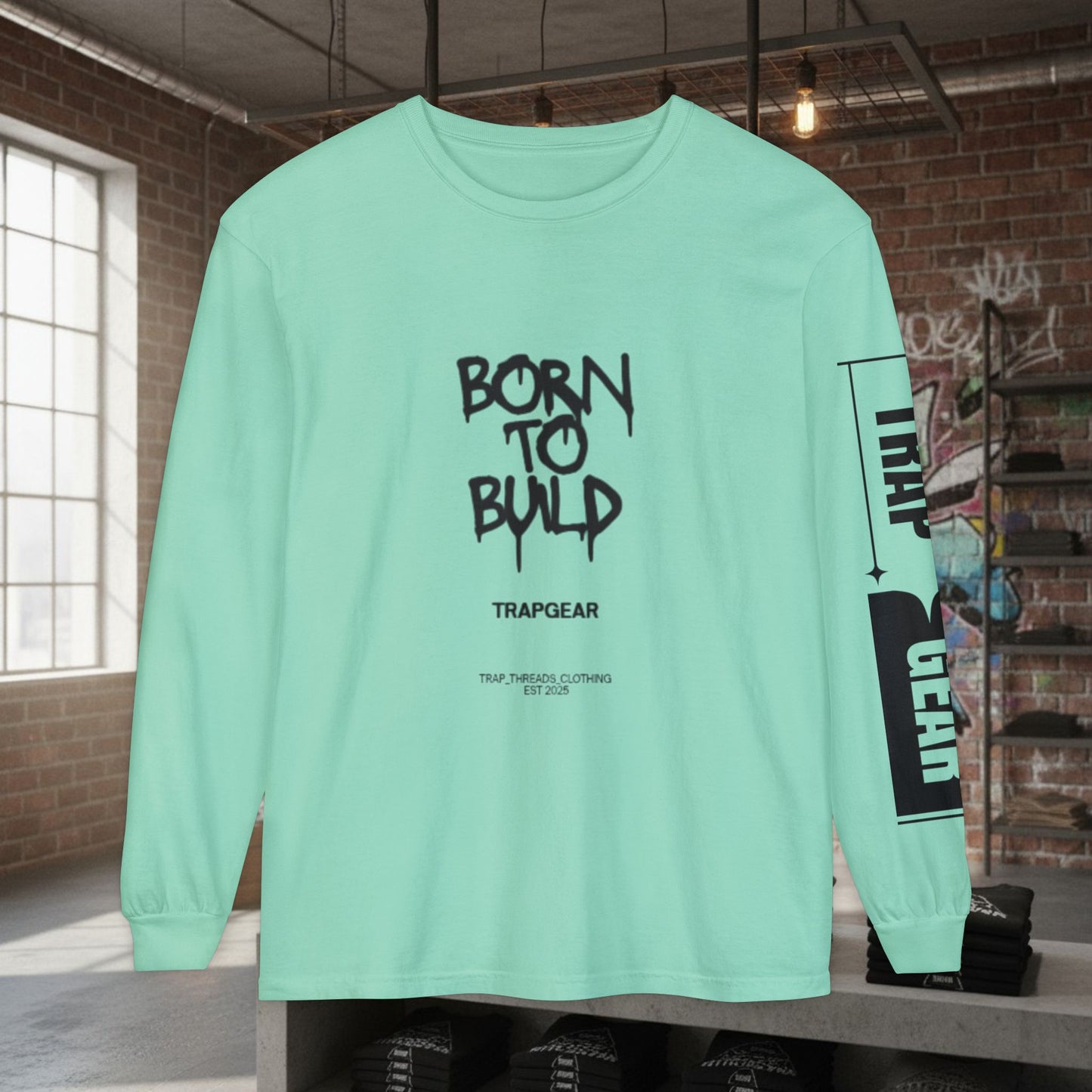Long Sleeve T-Shirt - Born to Build Bear Mentality Back Graphic by Printify