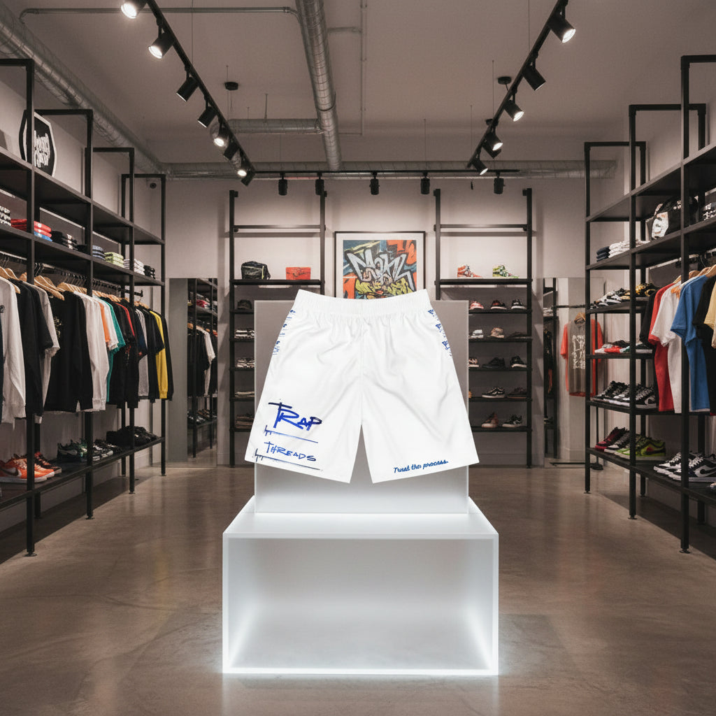 Athletic Shorts - Blue & White 'Trap Threads' Logo Men's Jogger Shorts by Printify