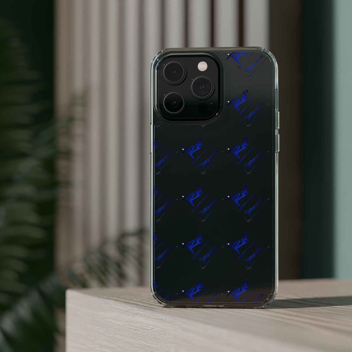 Clear Impact-Resistant Phone Case — Blue Geometric Shield Pattern