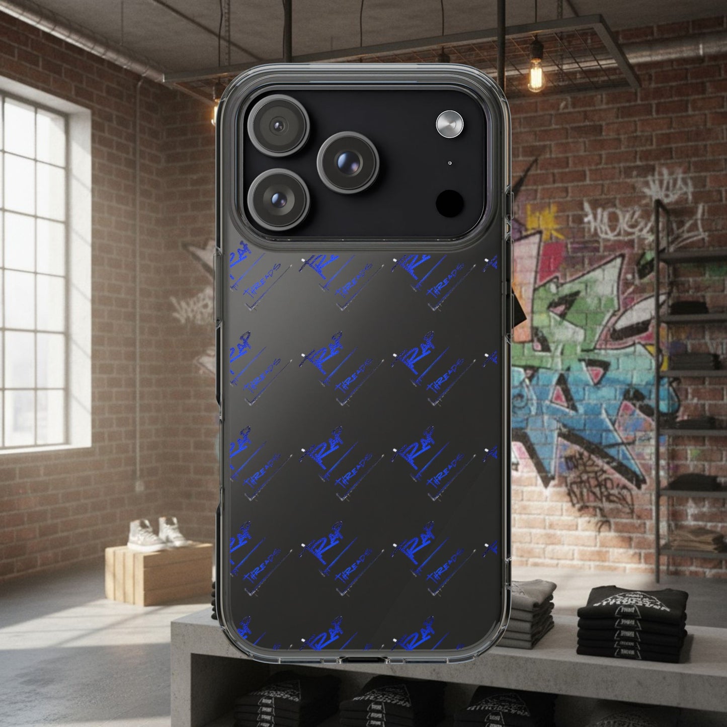 Clear Impact-Resistant Phone Case — Blue Geometric Shield Pattern