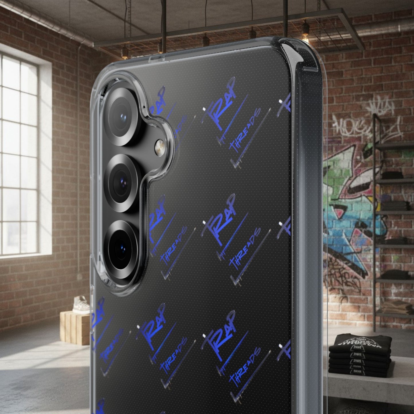 Clear Impact-Resistant Phone Case — Blue Geometric Shield Pattern