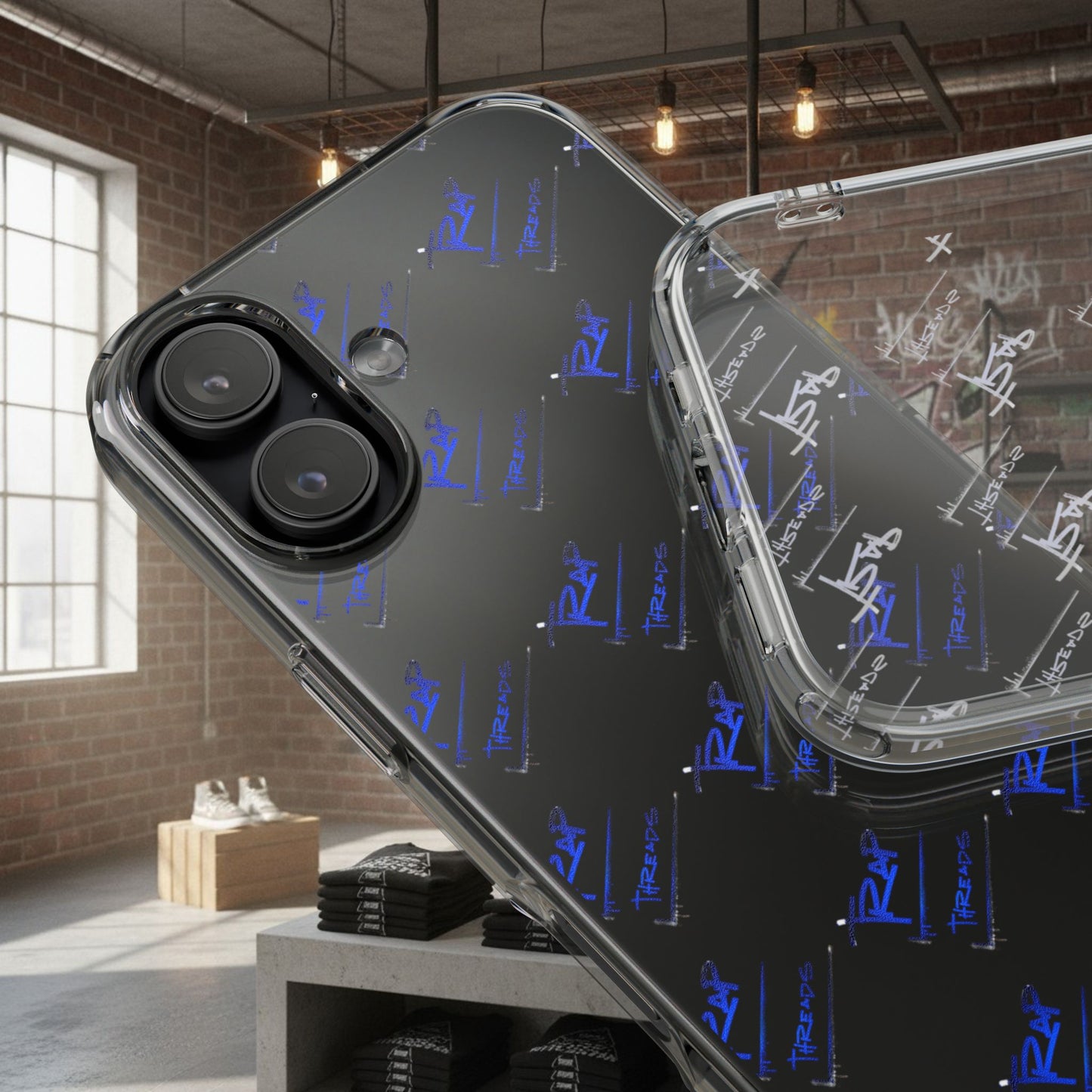 Clear Impact-Resistant Phone Case — Blue Geometric Shield Pattern