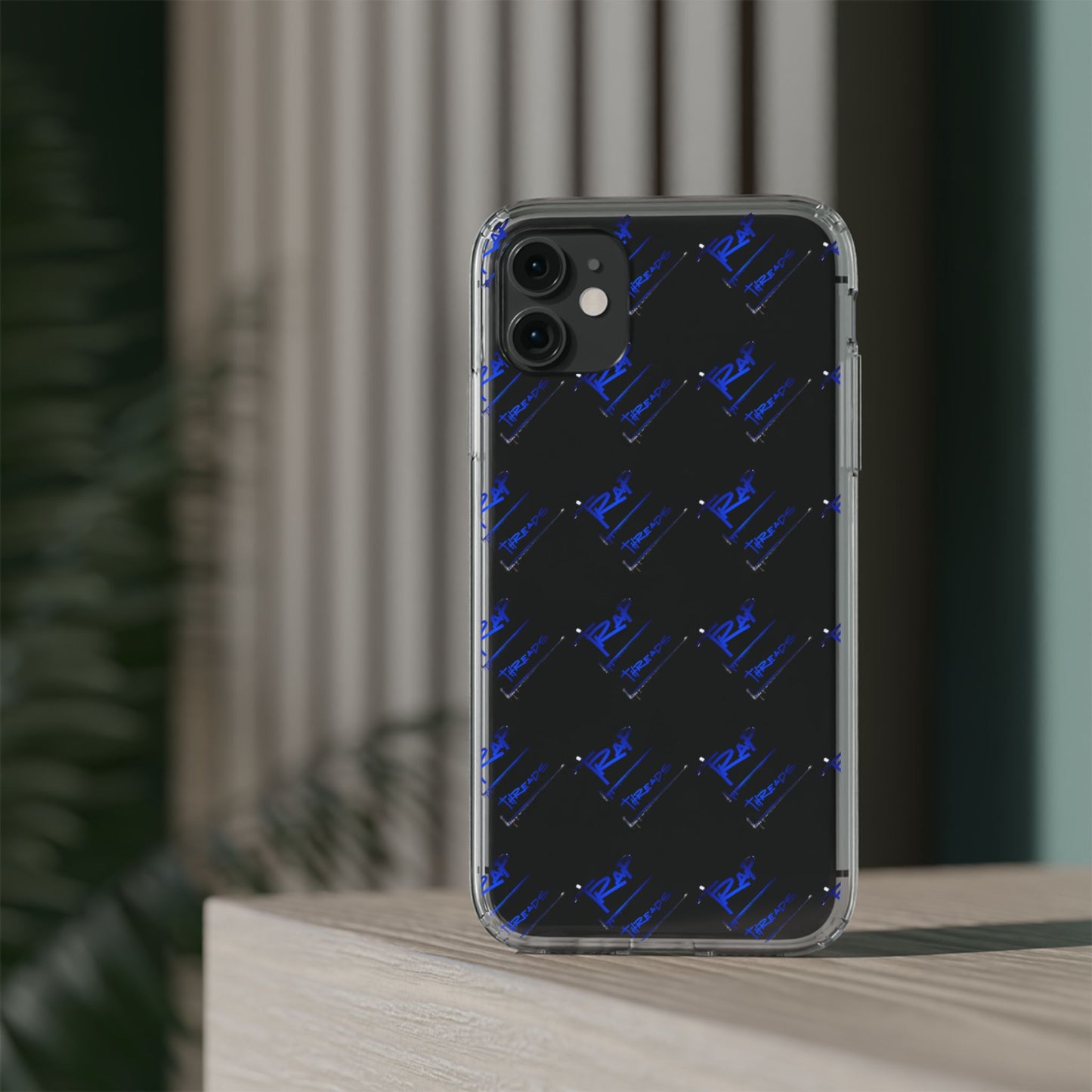 Clear Impact-Resistant Phone Case — Blue Geometric Shield Pattern
