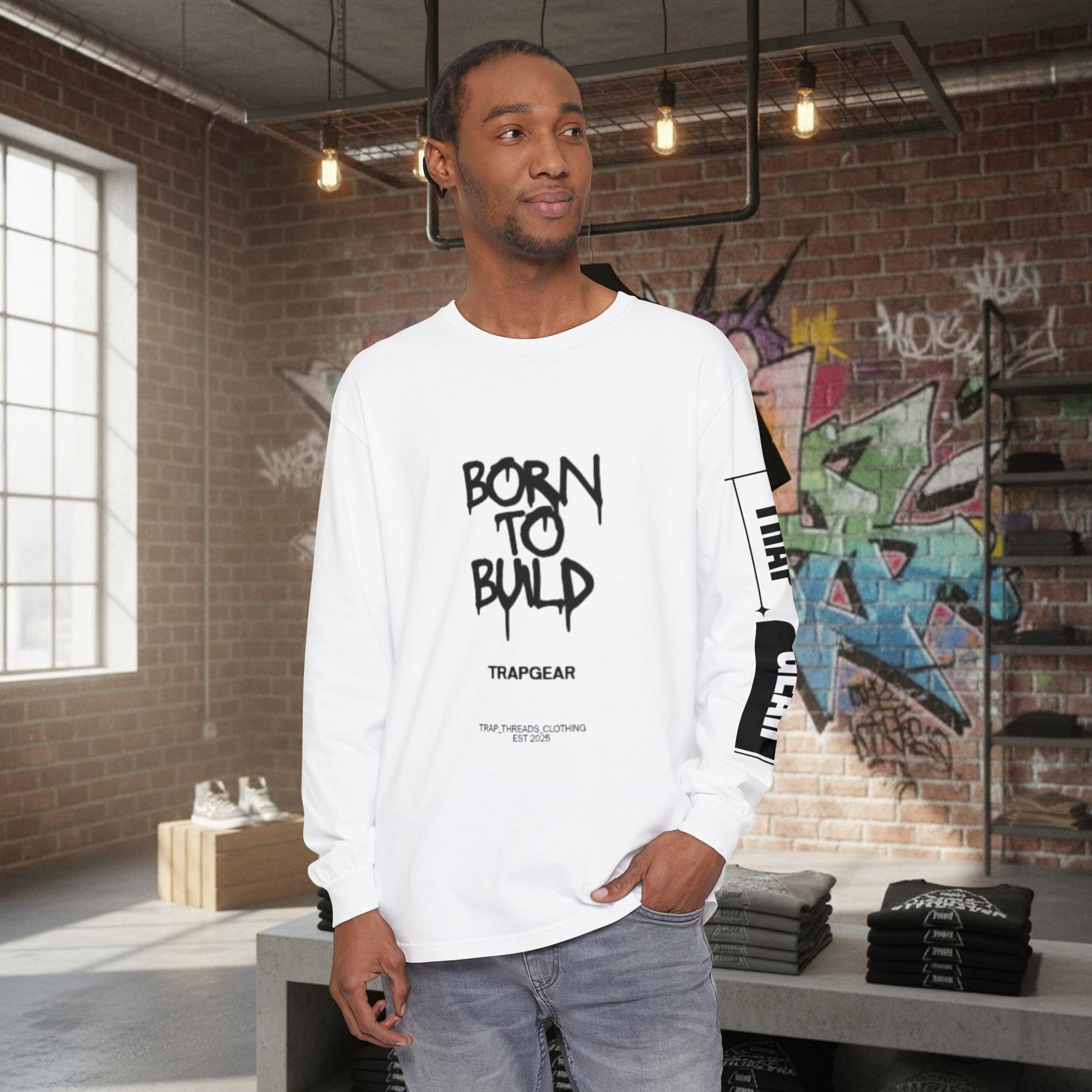 Long Sleeve T-Shirt - Born to Build Bear Mentality Back Graphic by Printify