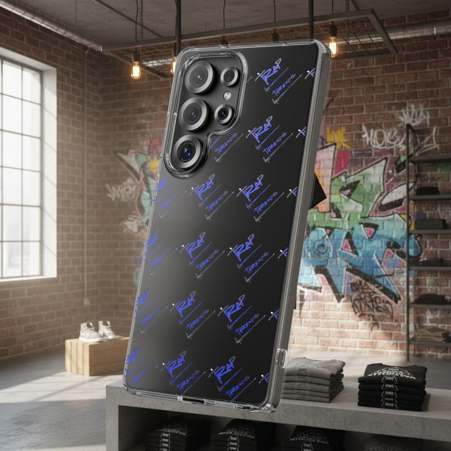 Clear Impact-Resistant Phone Case — Blue Geometric Shield Pattern