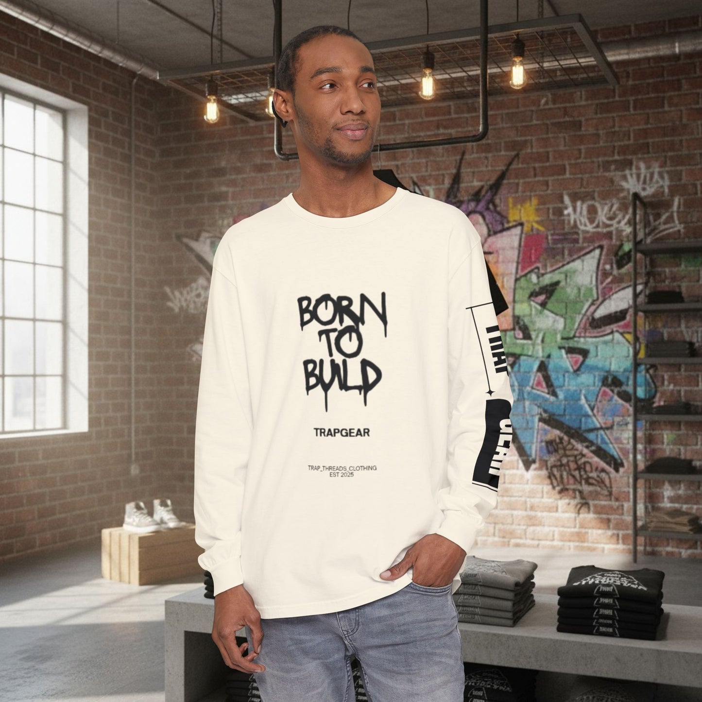 Long Sleeve T-Shirt - Born to Build Bear Mentality Back Graphic by Printify