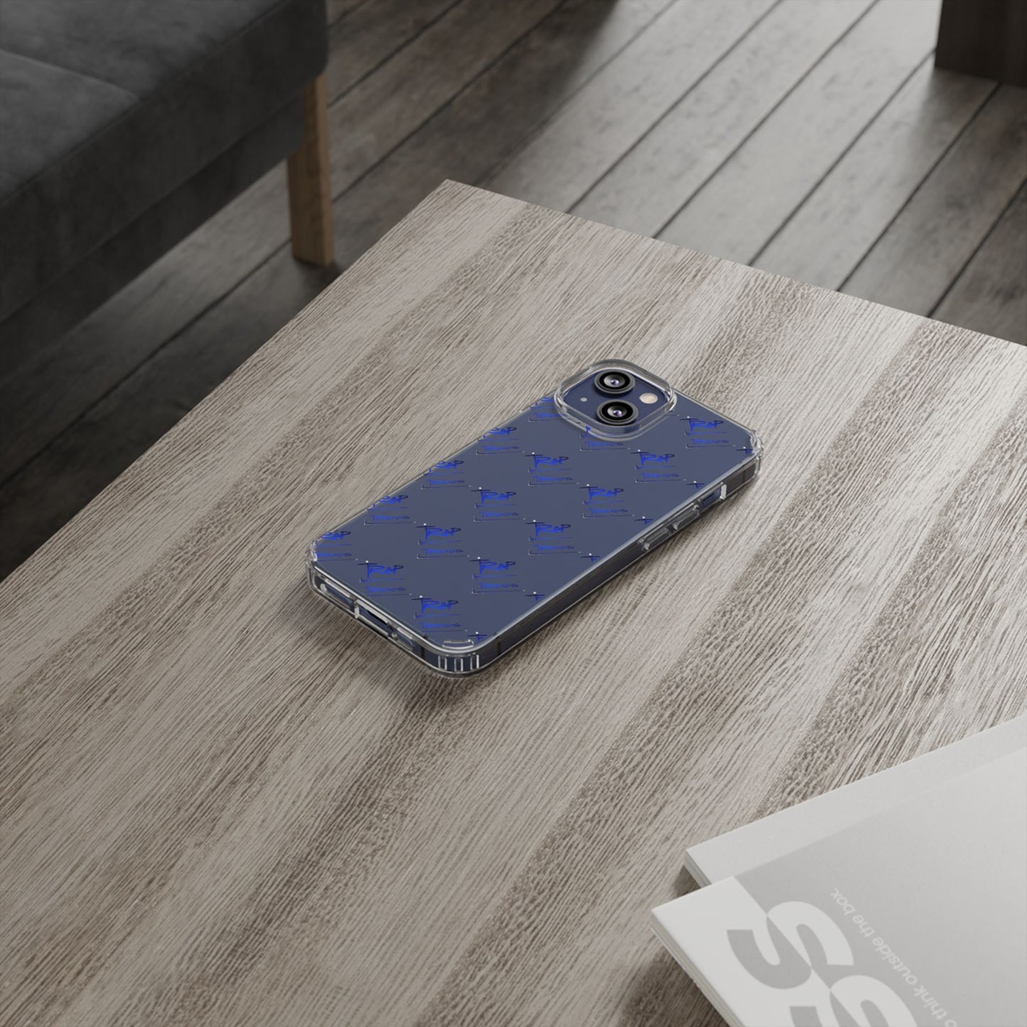 Clear Impact-Resistant Phone Case — Blue Geometric Shield Pattern