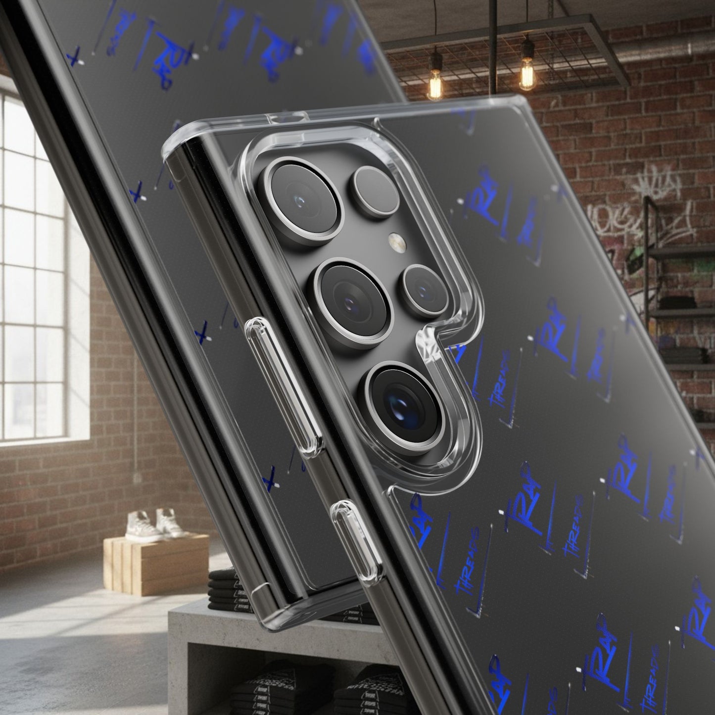 Clear Impact-Resistant Phone Case — Blue Geometric Shield Pattern