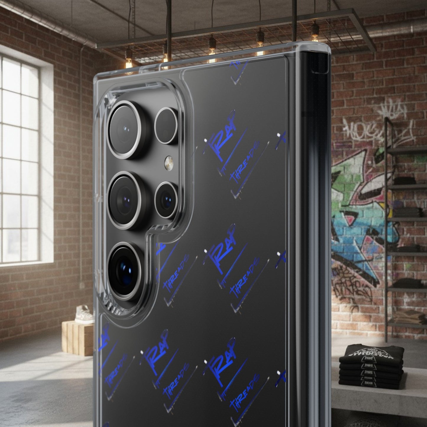 Clear Impact-Resistant Phone Case — Blue Geometric Shield Pattern